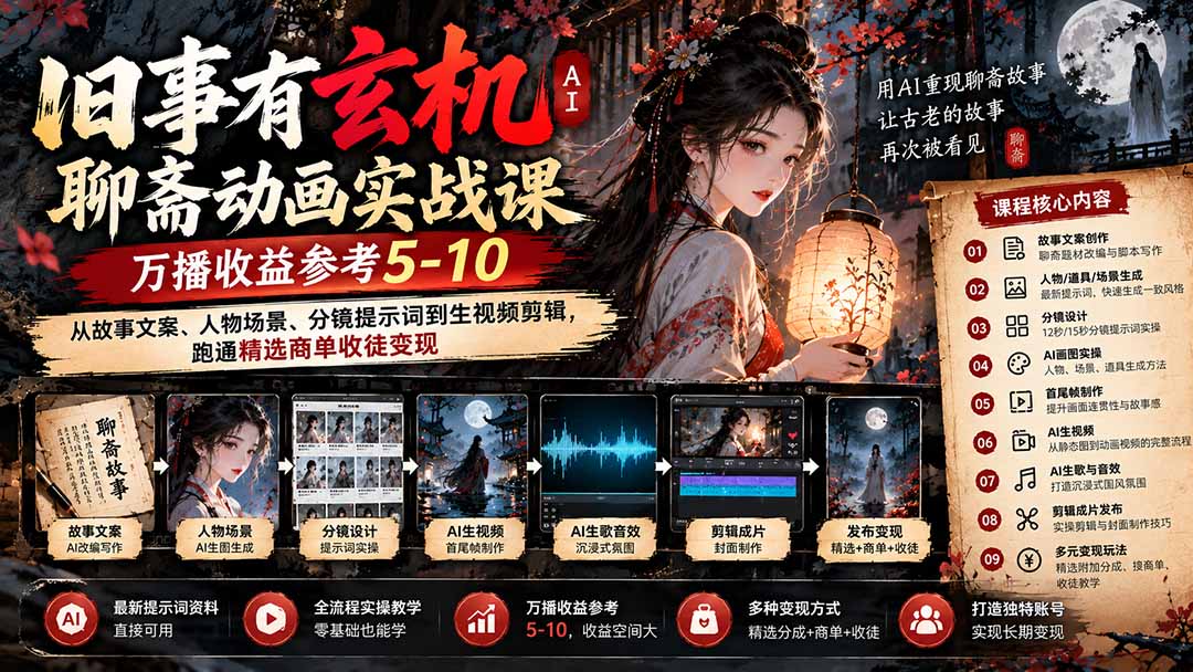 (20789期)旧事有玄机AI聊斋动画实战9月新课:万播收益参考5-10,从故事文案、人物场景到分镜生视频,跑通精选商单收徒-宇文网创