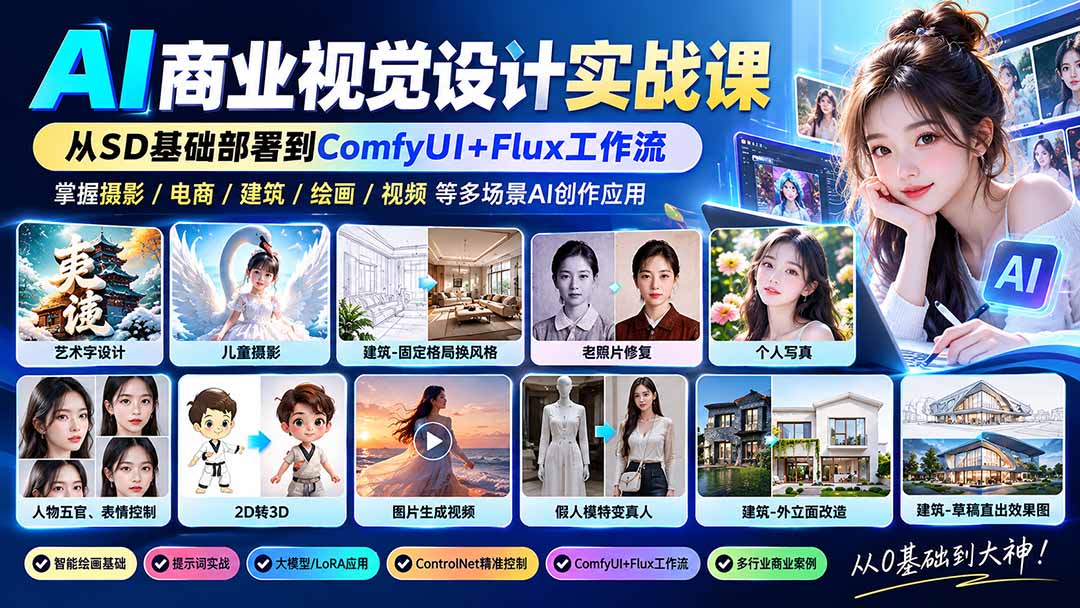(20824期)【无水印】AI商业视觉设计实战课:从SD基础部署到ComfyUI+Flux工作流,掌握摄影电商建筑AI创作-宇文网创