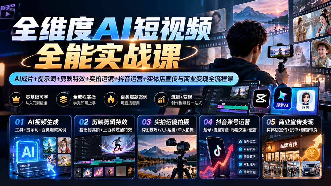 (20768期)【无水印】全维度AI短视频全能实战课:AI成片+提示词+剪映特效+实拍运镜+抖音运营+实体店宣传与商业变现全流程课-宇文网创