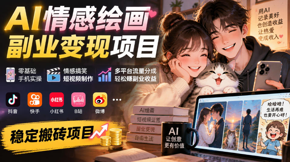 AI情感绘画副业变现项目|零基础手机实操,情感搞笑短视频制作,多平台流量分成轻松賺副业收益-宇文网创