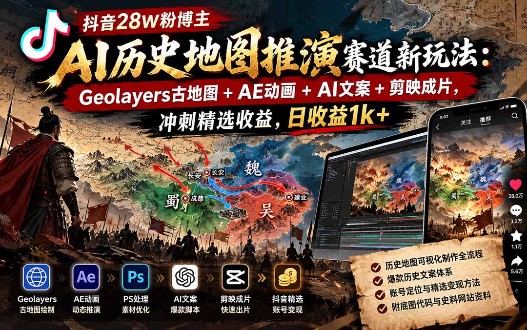 (20809期)抖音28W粉博主AI历史地图推演赛道新玩法:Geolayers古地图+AE动画+AI文案+剪映成片,冲刺精选收益,日收益1k+-宇文网创