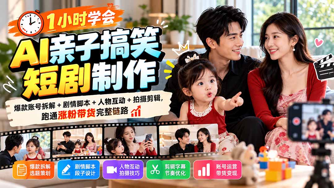 (20807期)1小时学会AI亲子搞笑短剧制作:爆款账号拆解+剧情脚本+人物互动+拍摄剪辑,跑通涨粉带货完整链路-宇文网创