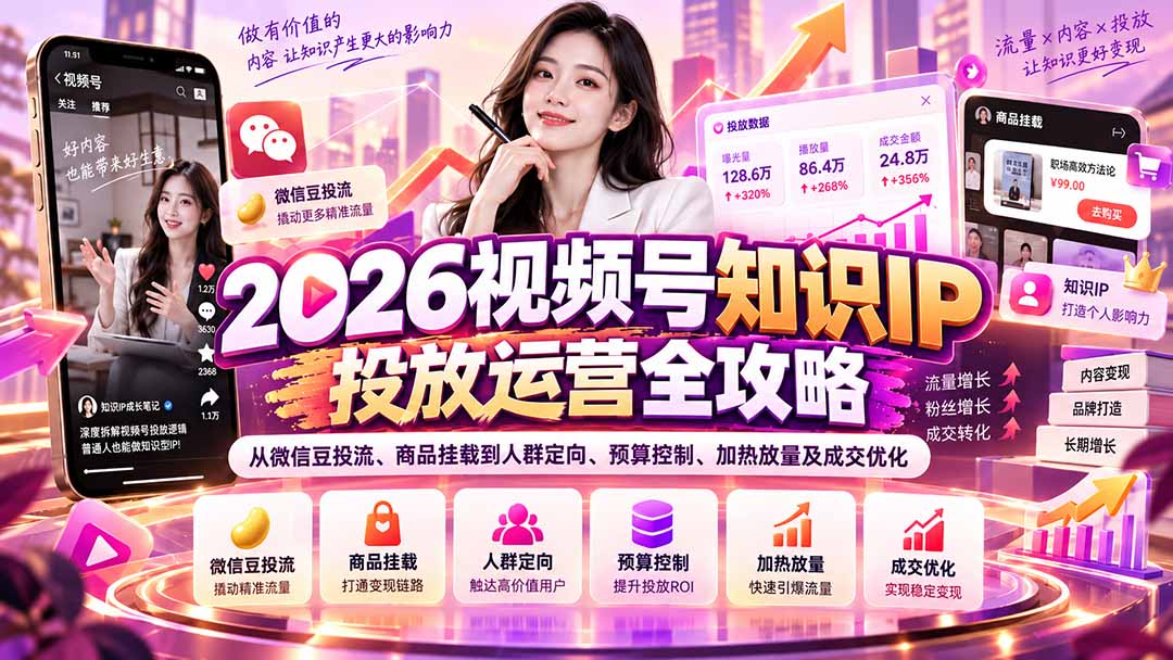 (20860期)2026视频号知识IP投放运营全攻略:从微信豆投流、商品挂载到人群定向、预算控制、加热放量及成交优化-宇文网创