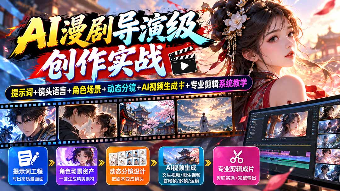 (20814期)AI漫剧导演级创作实战:提示词+镜头语言+角色场景+动态分镜+AI视频生成+专业剪辑系统教学-宇文网创