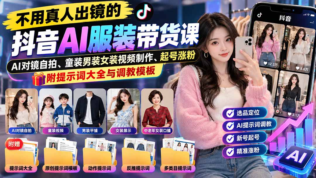 （20960期）不用真人出镜的抖音AI服装带货课：AI对镜自拍、童装男装女装视频制作、起号涨粉，附提示词大全与调教模板-宇文网创