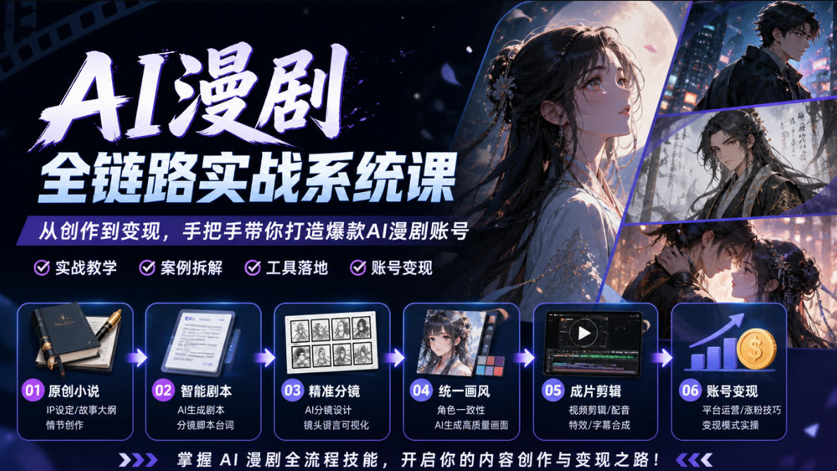 AI漫剧全链路实战系统课|原创小说、智能剧本、精准分镜、统一画风、成片剪辑、账号变现实操教学-宇文网创