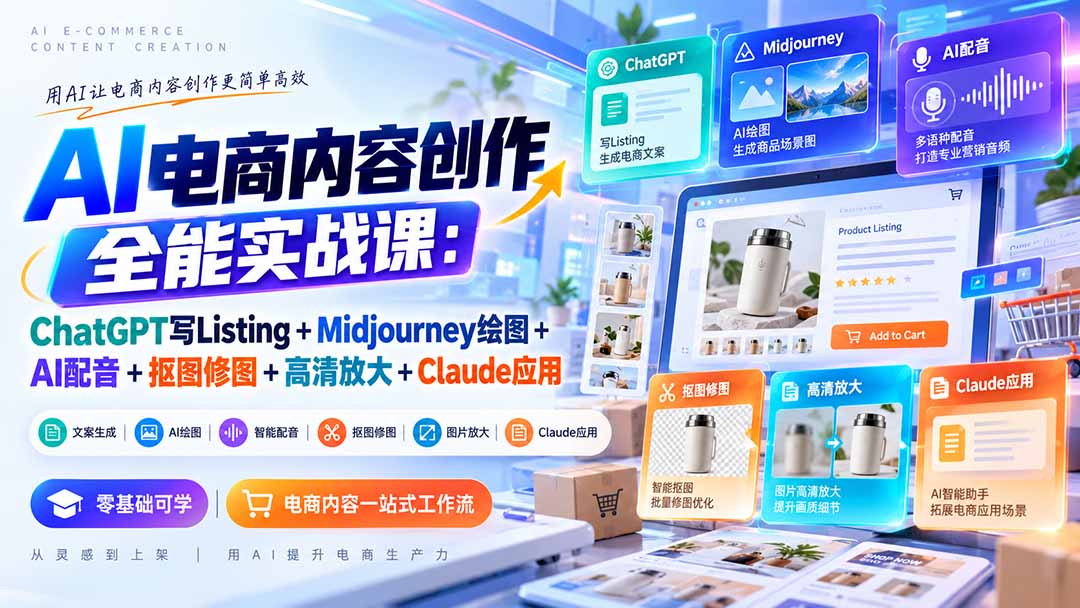 （20770期）【无水印】AI电商内容创作全能实战课：ChatGPT写Listing+Midjourney绘图+AI配音+抠图修图+高清放大+Claude应用-宇文网创