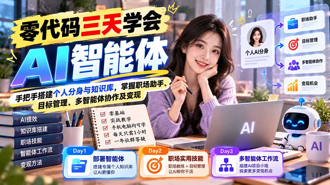 (20978期)【无水印】零代码三天学会AI智能体:手把手搭建个人分身与知识库,掌握职场助手、目标管理、多智能体协作及变现-宇文网创