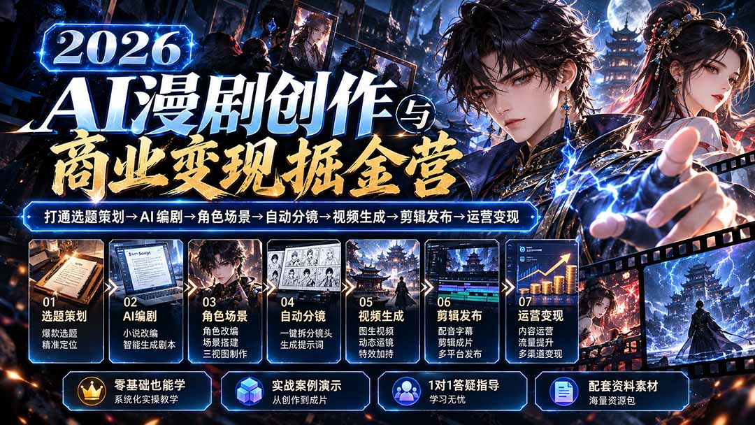 （20906期）【无水印】2026AI漫剧创作与商业变现掘金营：打通选题→AI编剧→角色场景→自动分镜→视频生成→剪辑发布→运营变现-宇文网创