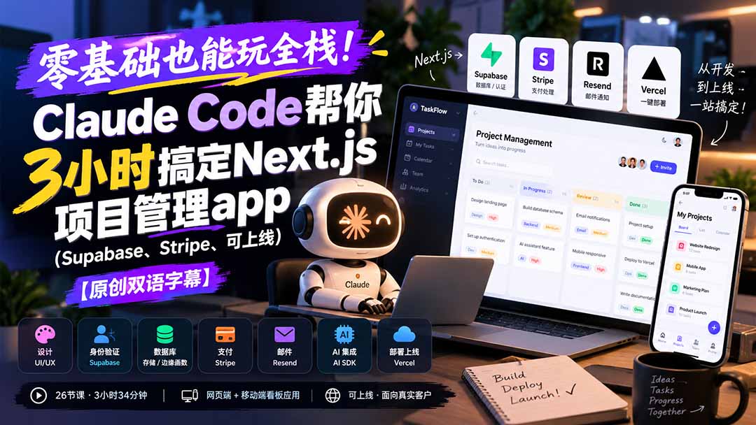 (20907期)零基础也能玩全栈!Claude Code帮你3小时搞定Next.js项目管理app(Supabase、Stripe、可上线)【原创双语字幕】-宇文网创