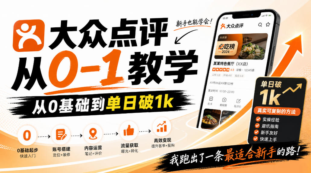 大众点评分成从0-1教学,从0基础到单日破1k,我跑出了一条最适合新手的路-宇文网创