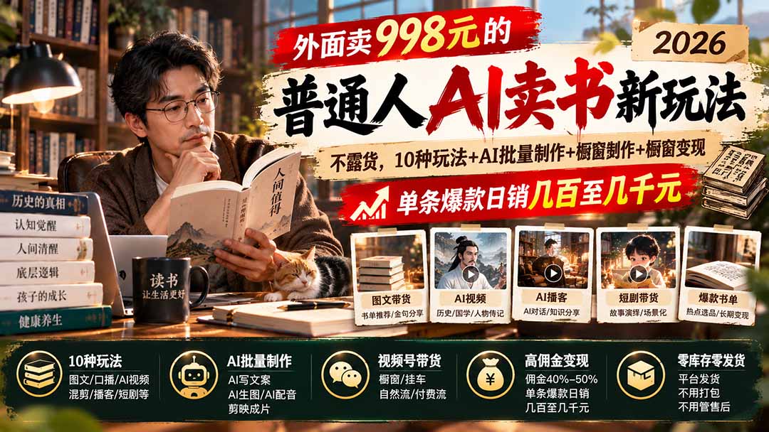 (20909期)外面卖998元的2026普通人AI卖书新玩法:不露脸、不囤货,10种玩法+AI批量制作+橱窗变现,单条爆款日销几百至几千元-宇文网创