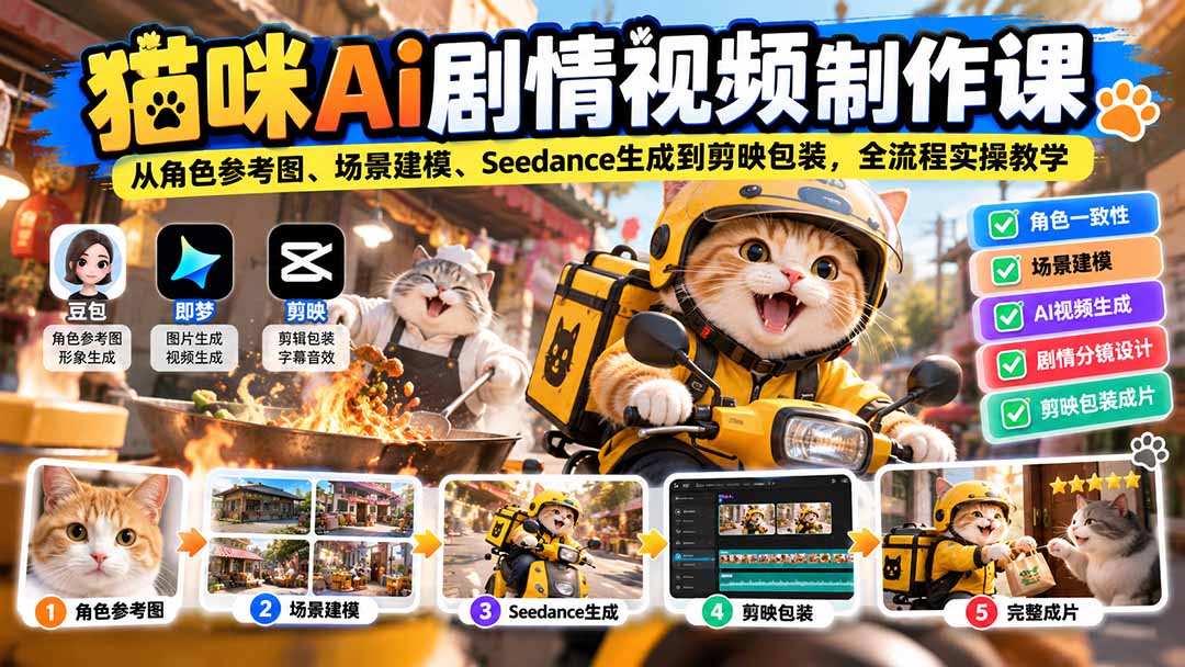 （20793期）猫咪AI剧情视频制作课：从角色参考图、场景建模、Seedance生成到剪映包装，全流程实操教学-宇文网创