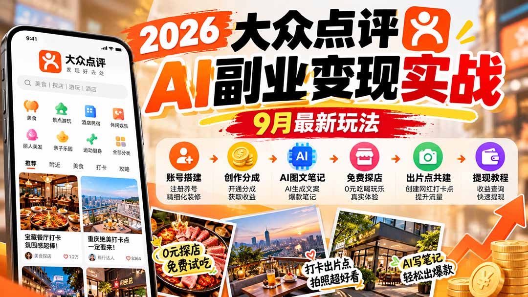 (20873期)2026大众点评AI副业变现实战9月最新玩法:账号搭建+创作分成+AI图文笔记+免费探店+出片点共建与提现教程-宇文网创