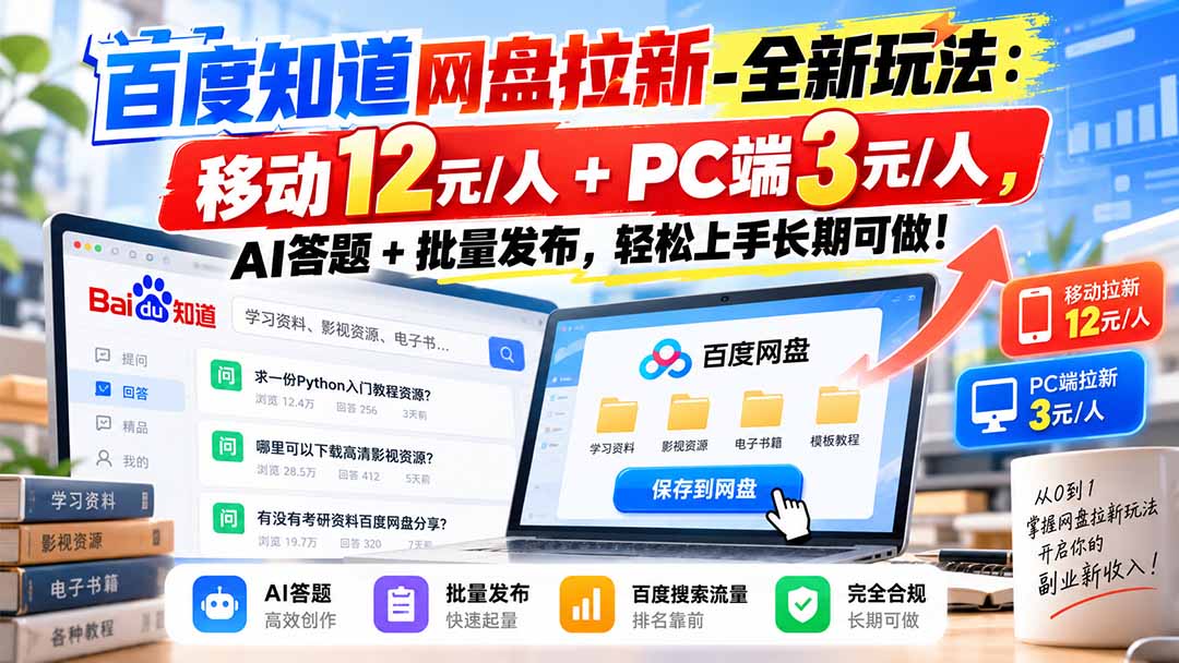 （20794期）百度知道网盘拉新-全新玩法：移动12元/人+PC端3元/人，AI答题+批量发布，轻松上手长期可做！-宇文网创