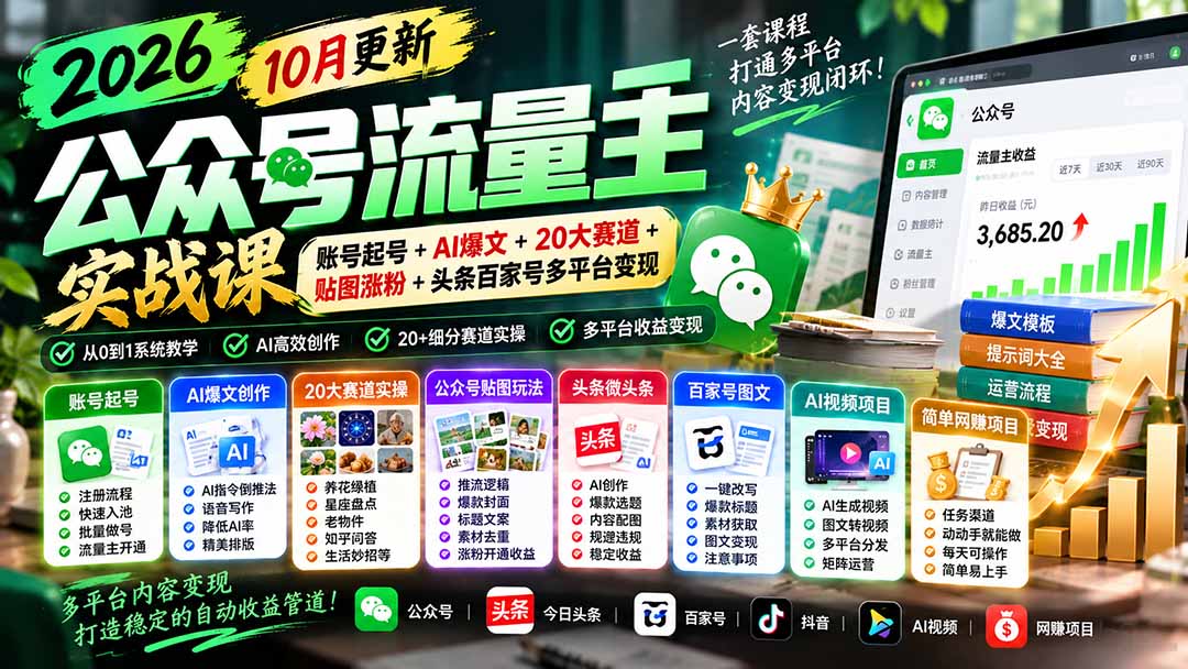 (20878期)2026公众号流量主实战课-10月更新:账号起号+AI爆文+20大赛道+贴图涨粉+头条百家号多平台变现-宇文网创