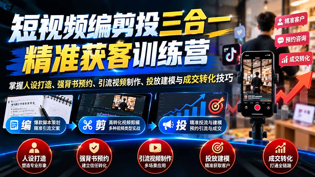 (20910期)短视频编剪投三合一精准获客训练营:掌握人设打造、强背书预约、引流视频制作、投放建模与成交转化技巧-宇文网创