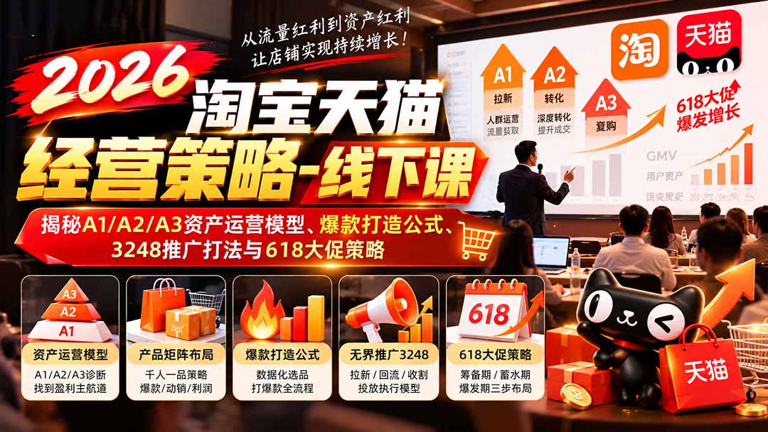 (20912期)2026淘宝天猫经营策略-线下课:揭秘A1/A2/A3资产运营模型、爆款打造公式、3248推广打法与618大促策略-宇文网创