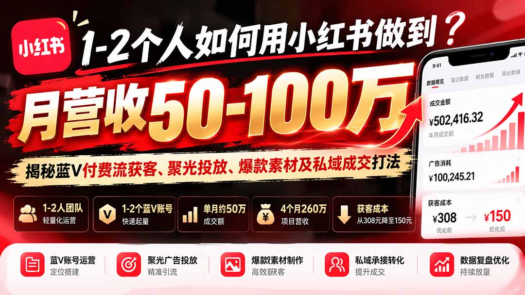 (20939期)1-2个人如何用小红书做到月营收50-100万?揭秘蓝V付费流获客、聚光投放、爆款素材及私域成交打法-宇文网创