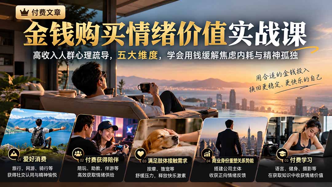 (20941期)付费文章:金钱购买情绪价值实战课|高收入人群心理疏导,五大维度,学会用钱缓解焦虑内耗与精神孤独-宇文网创