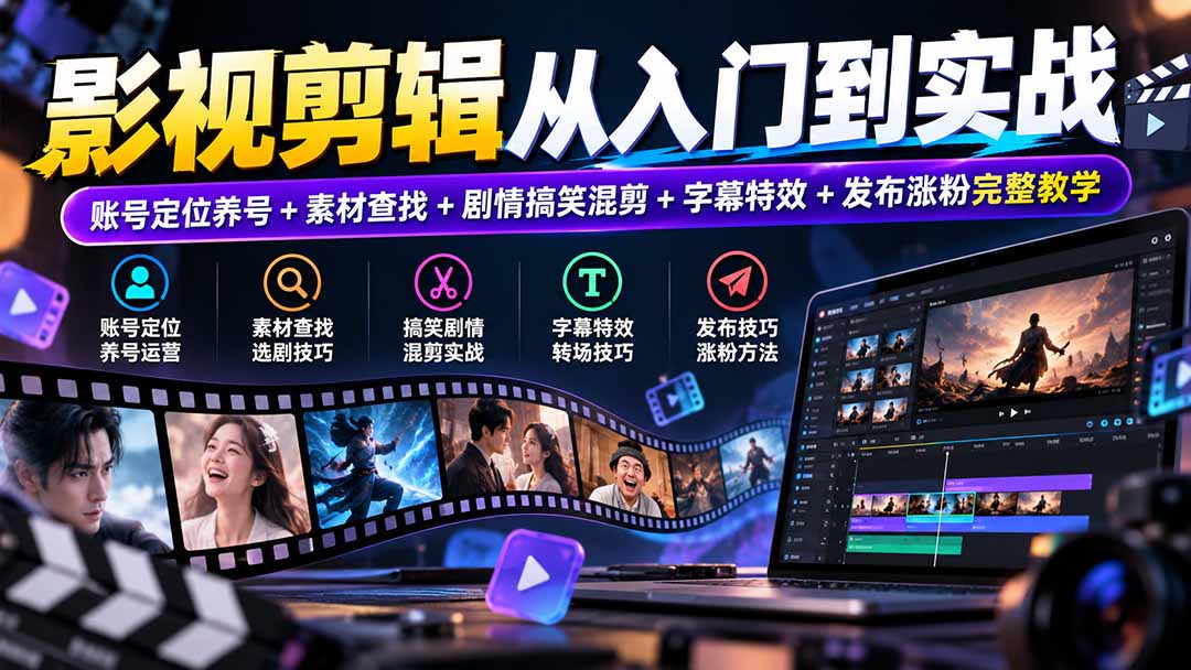 (20812期)影视剪辑从入门到实战:账号定位养号+素材查找+剧情搞笑混剪+字幕特效+发布涨粉完整教学-宇文网创