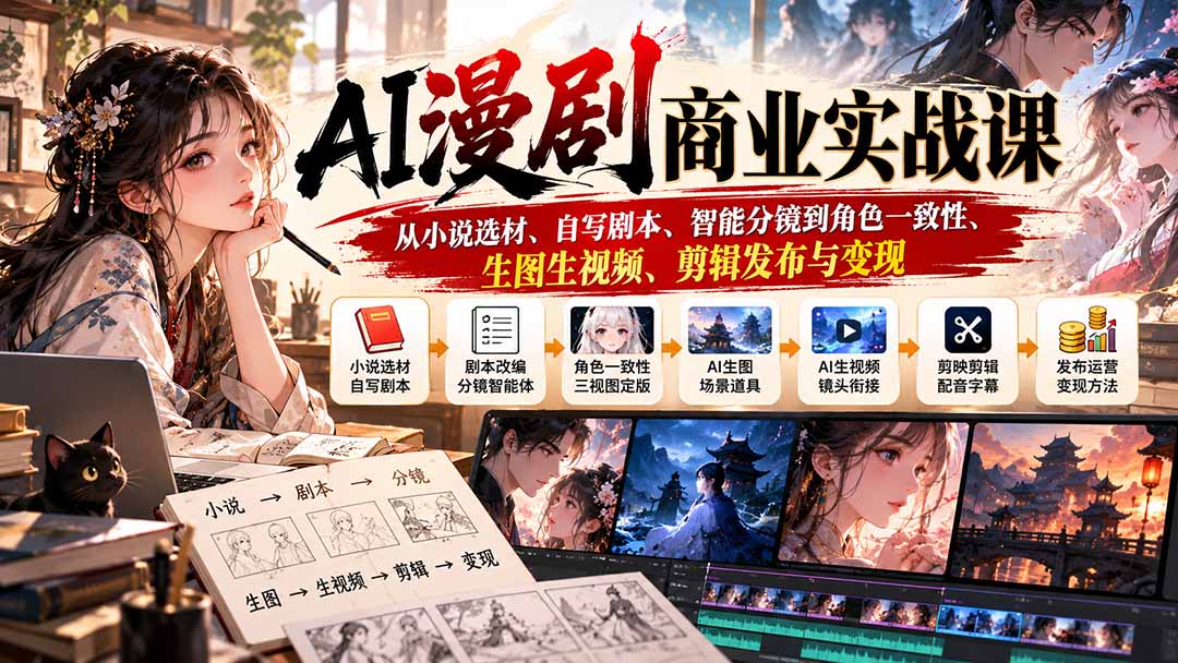 (20811期)AI漫剧商业实战课:从小说选材、自写剧本、智能分镜到角色一致性、生图生视频、剪辑发布与变现-宇文网创