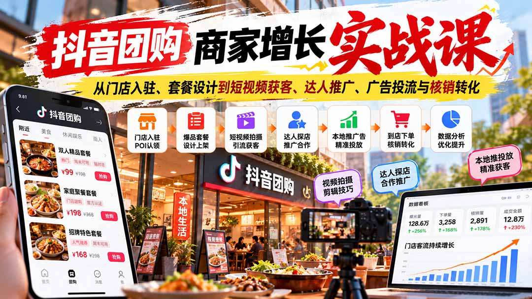 (20813期)抖音团购商家增长实战课:从门店入驻、套餐设计到短视频获客、达人推广、广告投流与核销转化-宇文网创