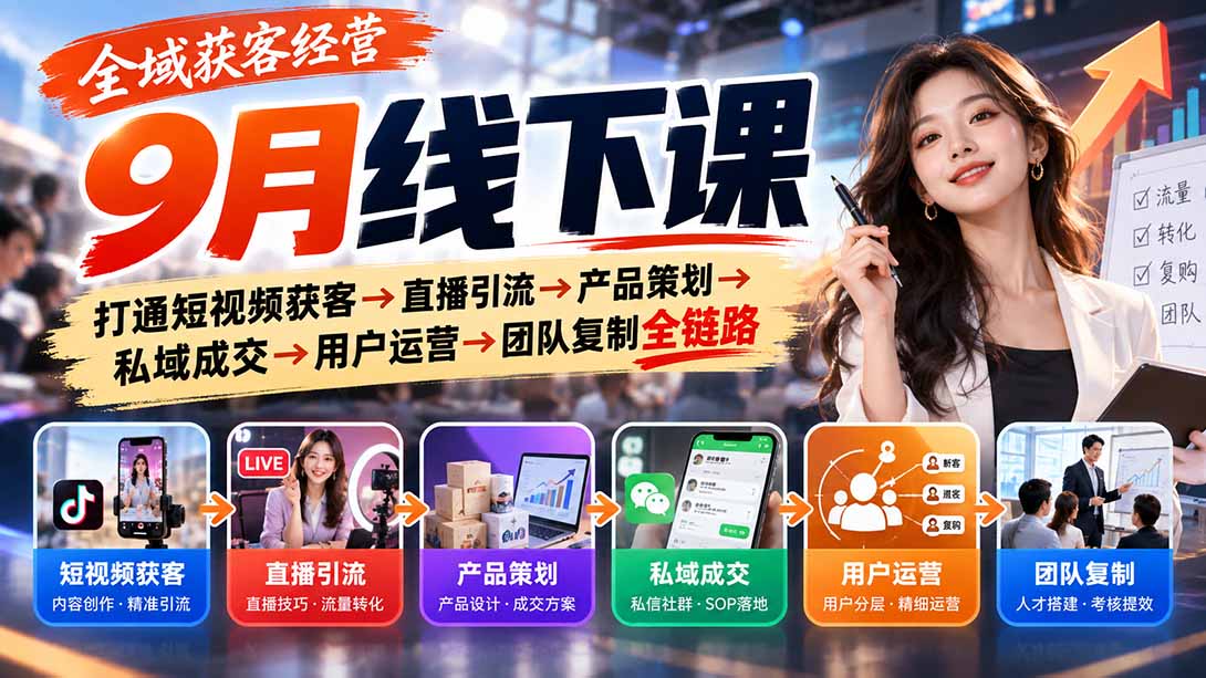 （20777期）全域获客经营9月线下课：打通短视频获客→直播引流→产品策划→私域成交→用户运营→团队复制全链路-宇文网创