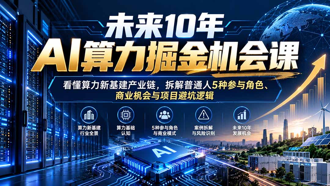 (20825期)未来10年AI算力掘金机会课:看懂算力新基建产业链,拆解普通人5种参与角色、商业机会与项目避坑逻辑-宇文网创