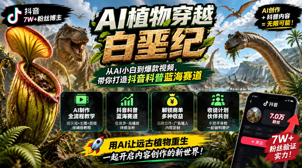 抖音7W粉丝博主的AI植物穿越白垩纪教学,抖音科普蓝海赛道,解锁商单收徒伙伴计划等多种收益-宇文网创