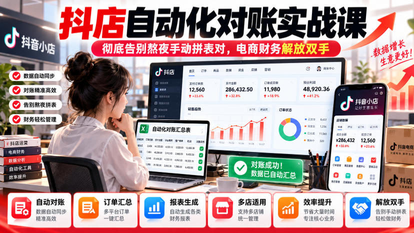 抖店自动化对账实战课,彻底告别熬夜手动拼表对,账电商财务解放双手-宇文网创