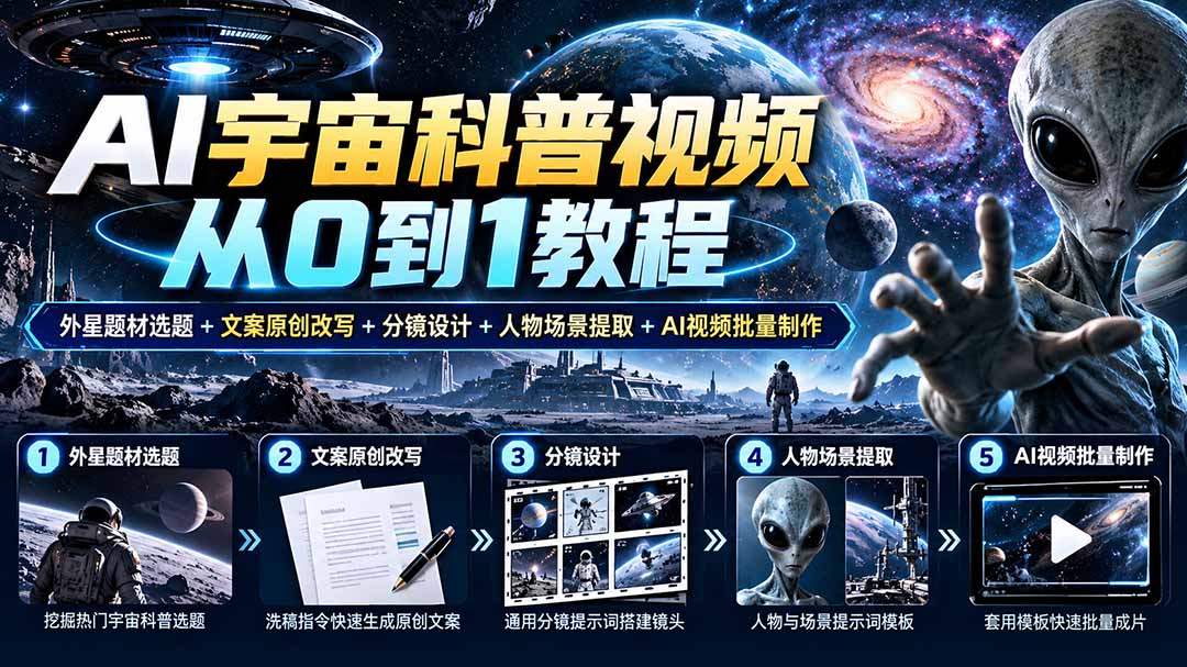 （20774期）AI宇宙科普视频从0到1教程｜外星题材选题+文案原创改写+分镜设计+人物场景提取+AI视频批量制作-宇文网创