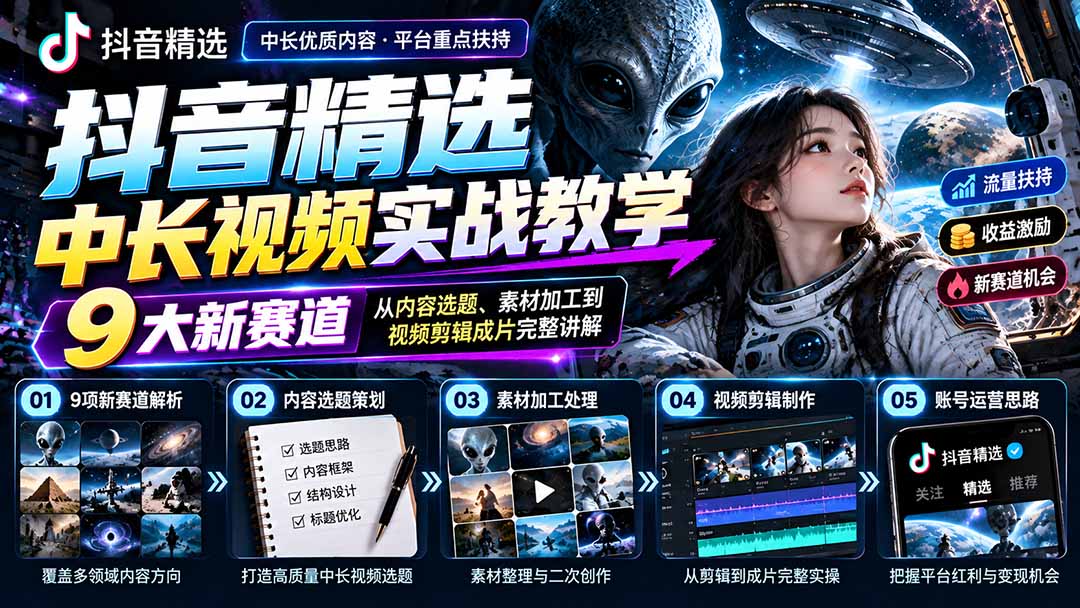 （20775期）抖音精选中长视频实战教学：拆解9项细分赛道，从内容选题、素材加工到视频剪辑成片完整讲解-宇文网创