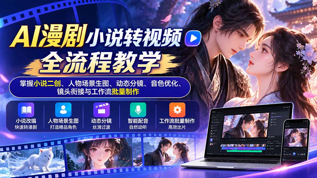 (20880期)AI漫剧小说转视频全流程教学:掌握小说二创、人物场景生图、动态分镜、音色优化、镜头衔接与工作流批量制作-宇文网创