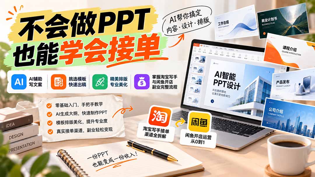 (20945期)不会做PPT也能学会接单:AI辅助写文案、挑模板、做排版,掌握淘宝写手与闲鱼开店副业完整流程-宇文网创