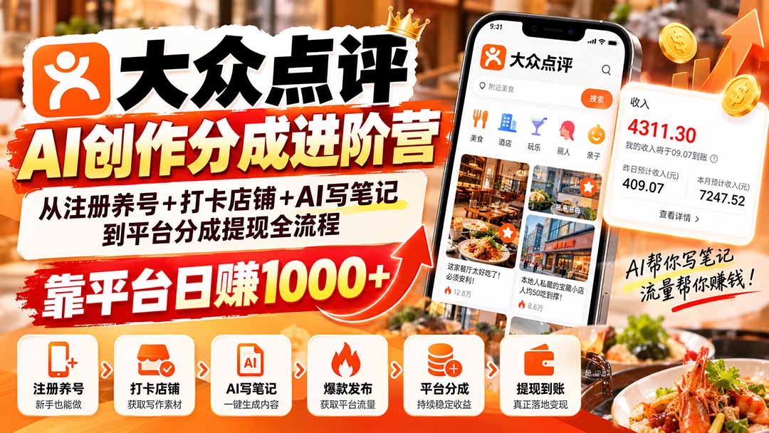 （20759期）大众点评AI创作分成进阶营：从注册养号+打卡店铺+AI写笔记到平台分成提现全流程，靠平台日赚1000+-宇文网创