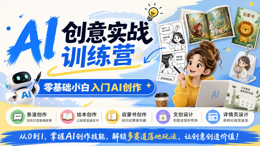 AI创意实战训练营，零基础小白入门AI创作，解锁条漫、绘本、启蒙书、文创、详情页多赛道落地玩法-宇文网创