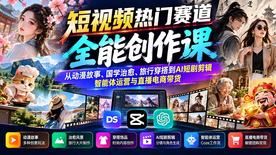 (20956期)短视频热门赛道全能创作课:从动漫故事、国学治愈、旅行穿搭到AI短剧剪辑、智能体运营与直播电商带货-宇文网创