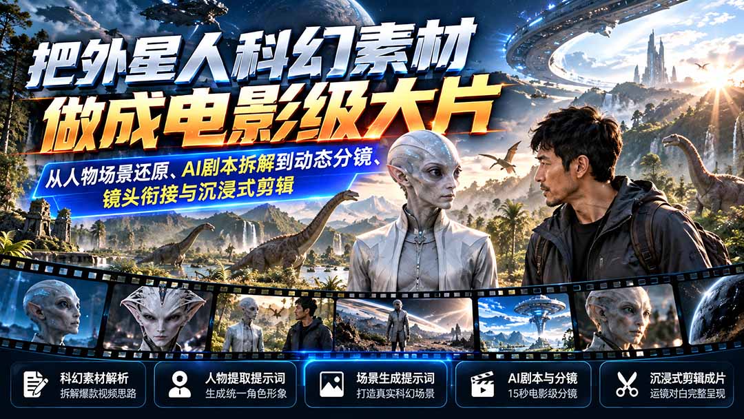 (20946期)把外星人科幻素材做成电影级大片:从人物场景还原、AI剧本拆解到动态分镜、镜头衔接与沉浸式剪辑-宇文网创