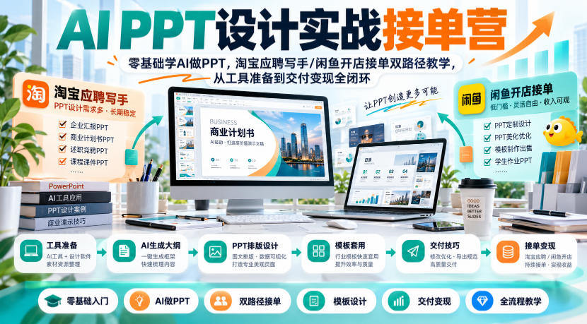 AI PPT设计实战接单营|零基础学AI做PPT,淘宝应聘写手/闲鱼开店接单双路径教学,从工具准备到交付变现全闭环-宇文网创