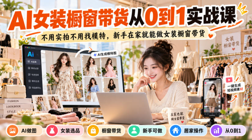 AI女装橱窗带货从0到1实战课,不用实拍不用找模特,新手在家就能做女装橱窗带货-宇文网创