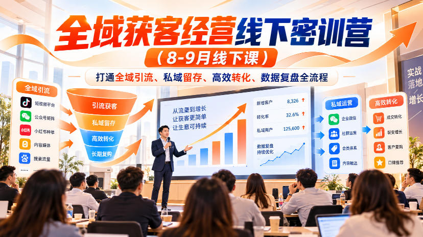 全域获客经营线下密训营（8-9月线下课），打通全域引流、私域留存、高效转化、数据复盘全流程-宇文网创
