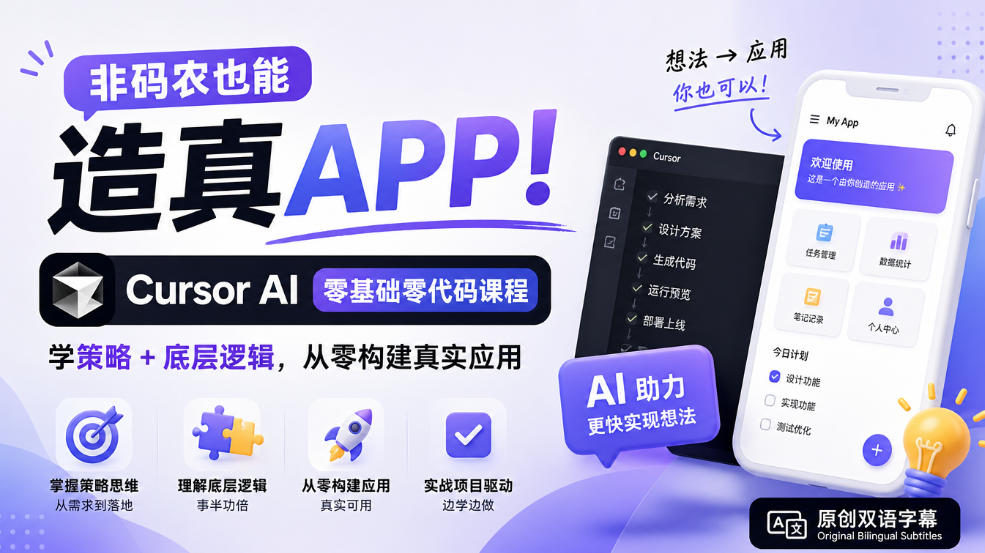 非码农也能造真APP!Cursor AI零基础零代码课程:学策略+底层逻辑,从零构建真实应用【原创双语字幕】-宇文网创