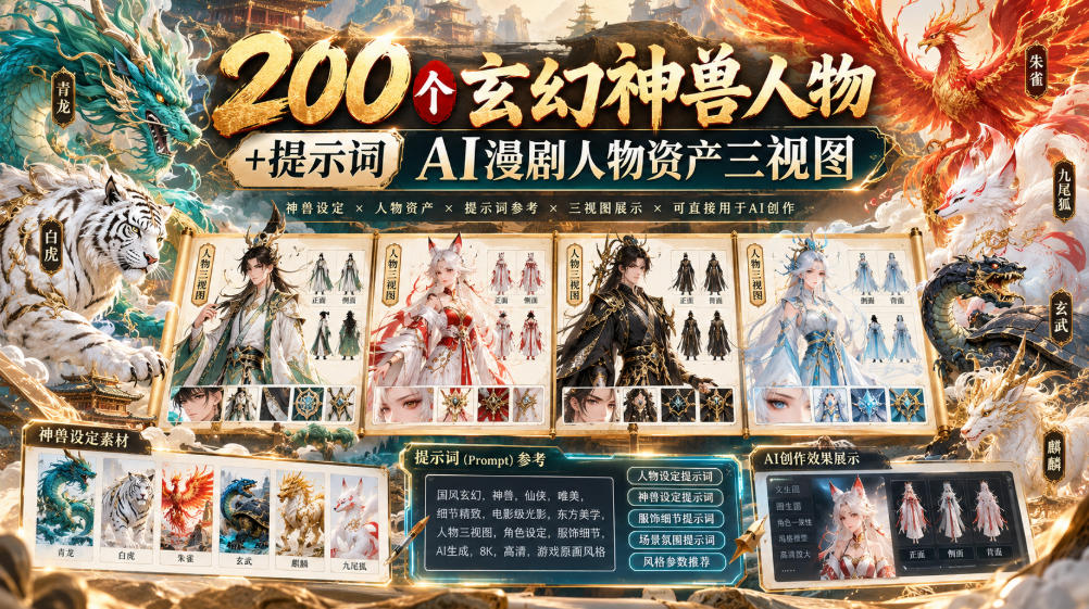 200个玄幻神兽人物+提示词ai漫剧人物资产三视图-宇文网创