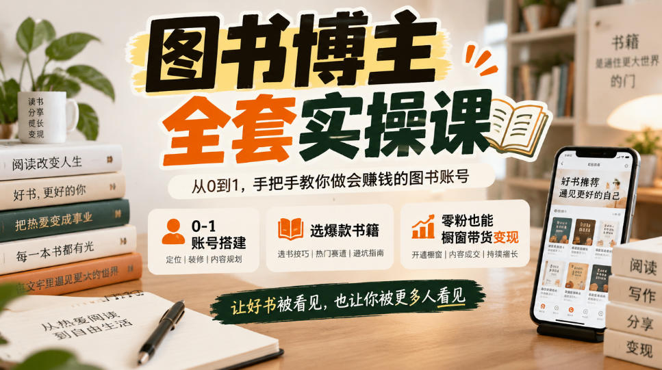 图书博主全套实操课,0‑1账号搭建,选爆款书籍,零粉也能橱窗带货变现-宇文网创