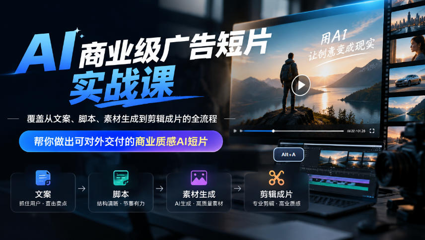 AI商业级广告短片实战课,覆盖从文案、脚本、素材生成到剪辑成片的全流程,帮你做出可对外交付的商业质感AI短片-宇文网创