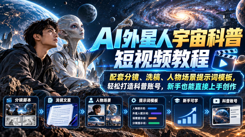 AI外星人宇宙科普短视频教程,配套分镜、洗稿、人物场景提示词模板,轻松打造科普账号,新手也能直接上手创作-宇文网创
