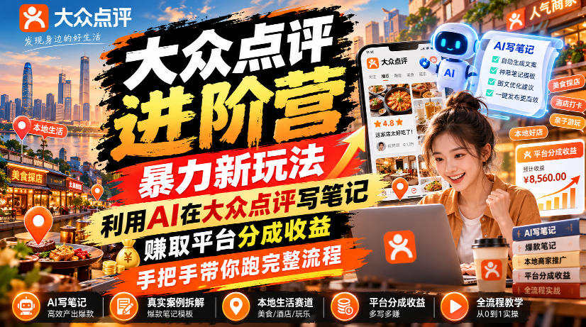 大众点评进阶营，暴力新玩法，利用AI在大众点评写笔记， 賺取平台分成收益，手把手带你跑完整流程-宇文网创