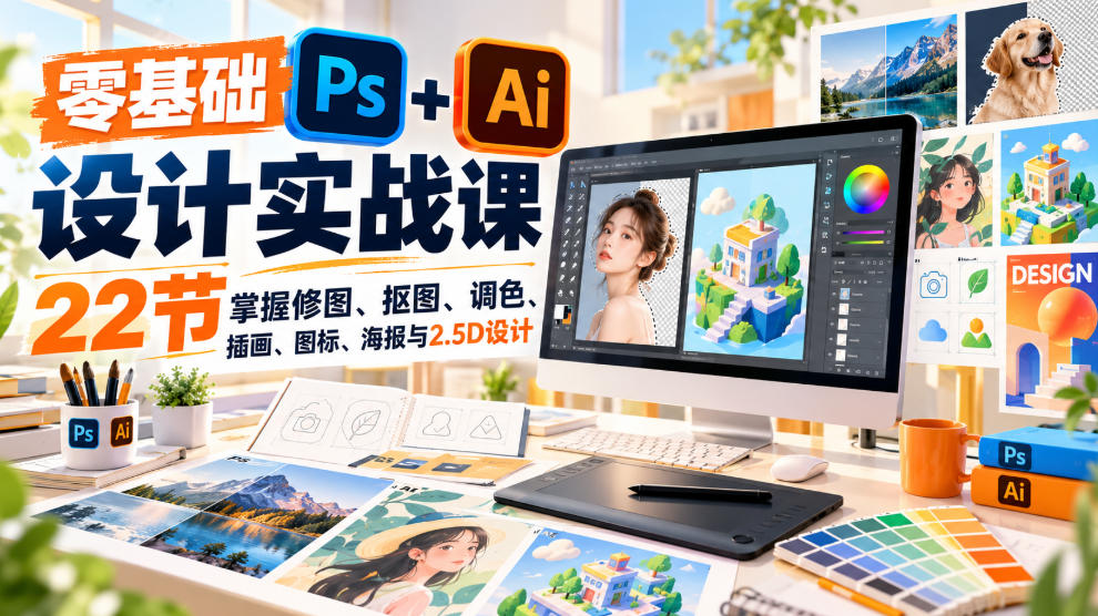 【无水印】零基础PS+AI设计实战课|22节掌握修图、抠图、调色、插画、图标、海报与2.5D设计-宇文网创