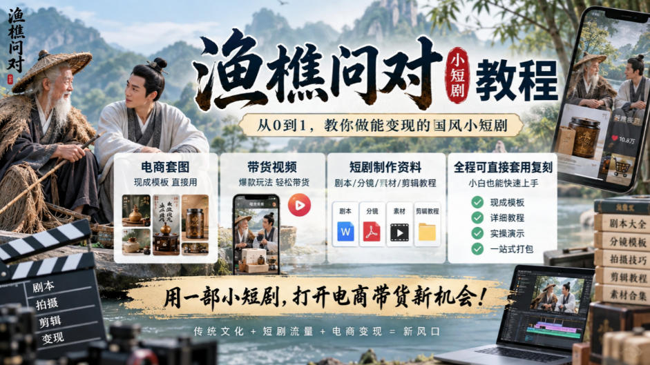 渔樵问对小短剧教程,包含电商套图、带货视频,短剧制作资料,全程可直接套用复刻-宇文网创